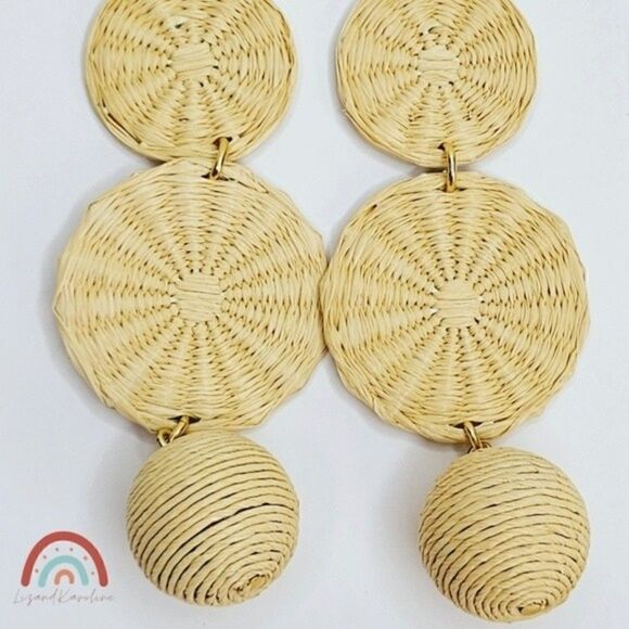 New! J. Crew Raffia Straw Bohemian Tripe Drop Natural Earrings - Picture 5 of 7
